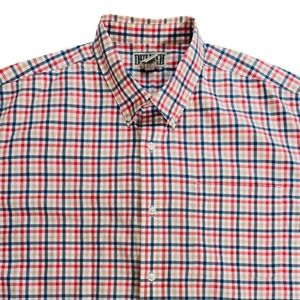 Duluth Trading Co Mens 2XL Short Sleeve Button Down Plaid Cotton Shirt Red Blue